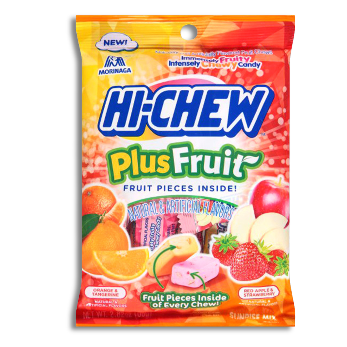 Bag of Hi-Chew Plus Fruit candy with fruit piece filling.