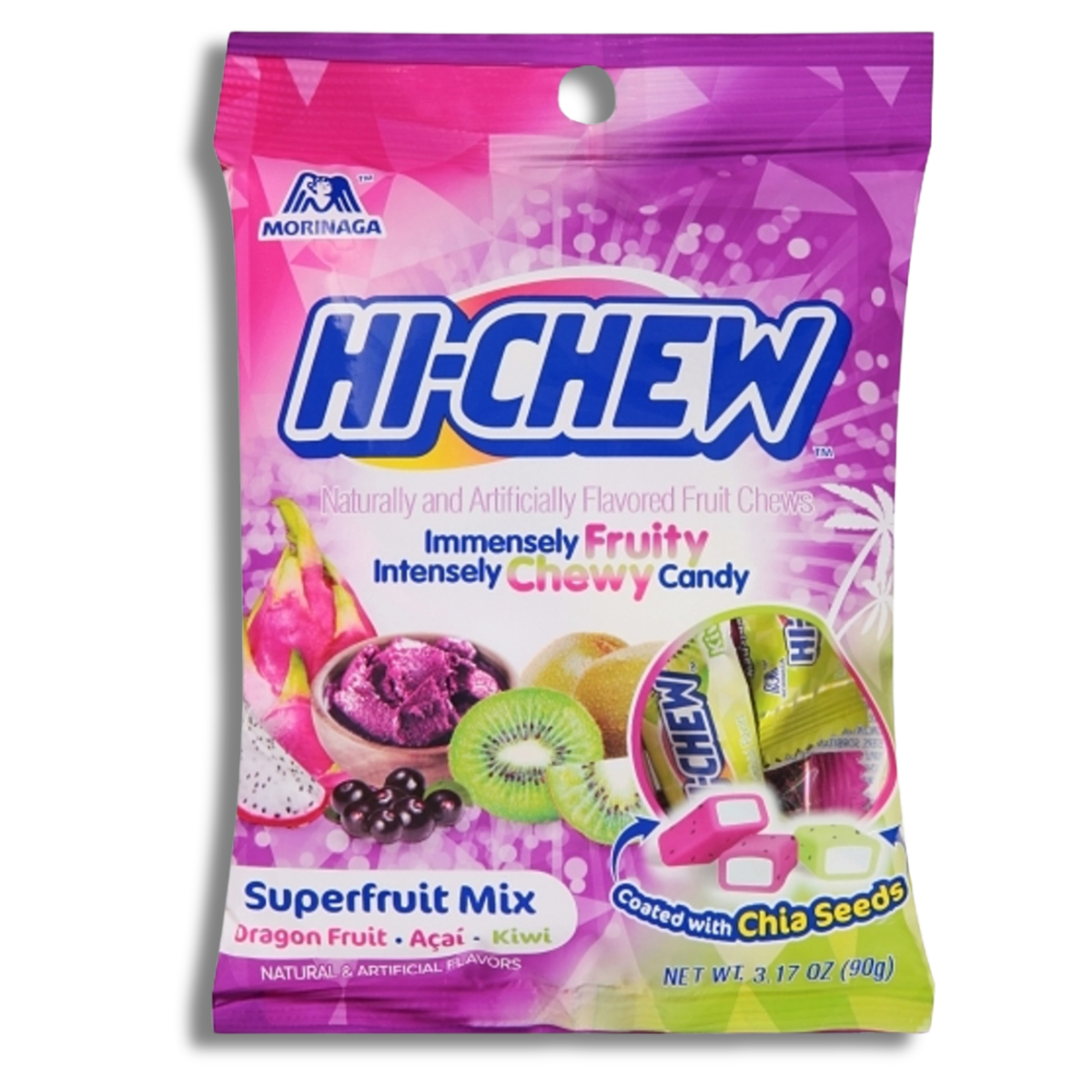 Bag of Hi-Chew Superfruit Mix candy with kiwi, dragon fruit, and acai.