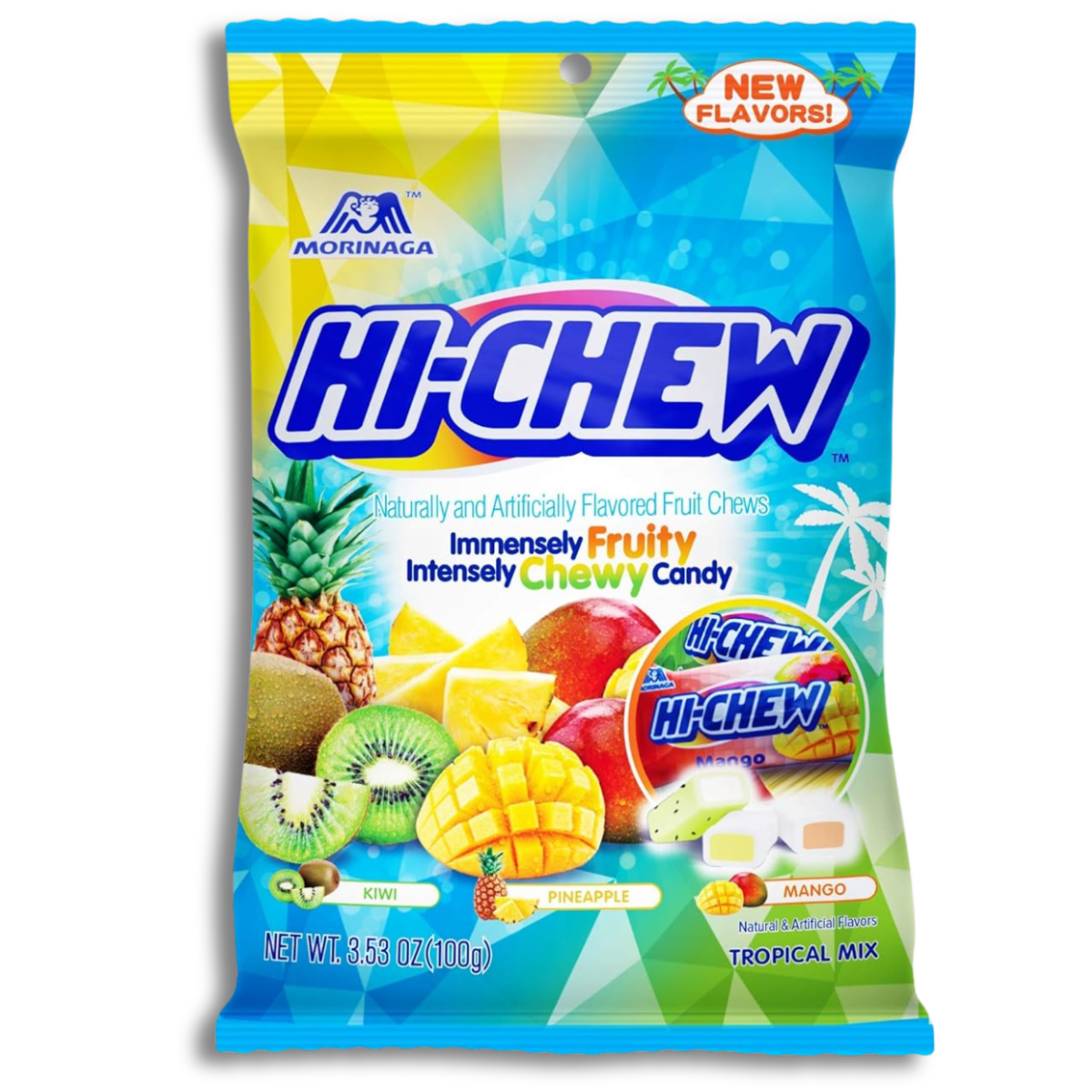 Bag of Hi-Chew tropical mix fruity candy with pineapple and mango.