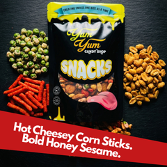 Hot Honey Snack Mix ingredients including cheesy corn sticks, honey sesame sticks, wasabi peas, and crunchy snack mix pieces