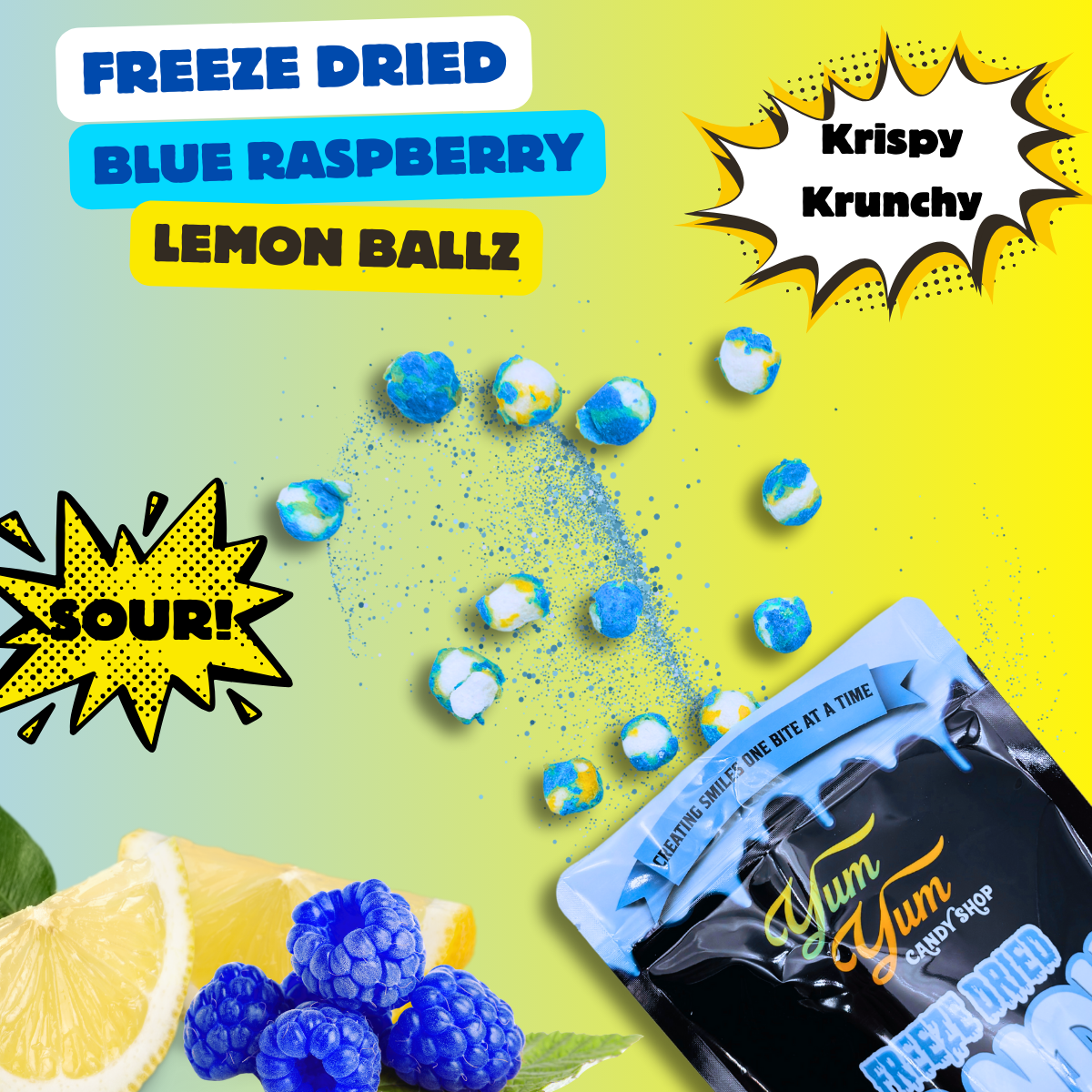 Freeze-dried Blue Raspberry Lemon Ballz exploding with sour flavor and freeze-dried crunch