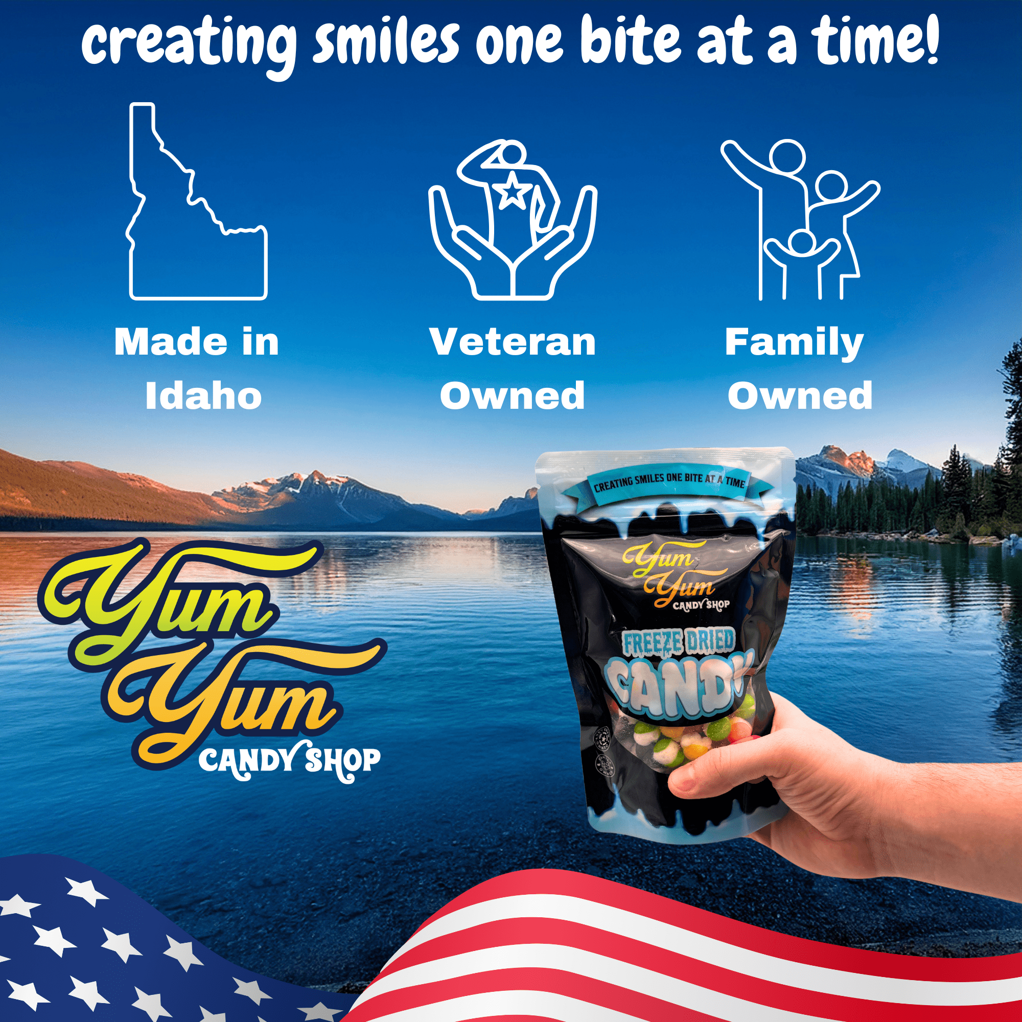 Yum Yum Candy Shop freeze dried candy with text showing made in Idaho veteran owned and family owned business