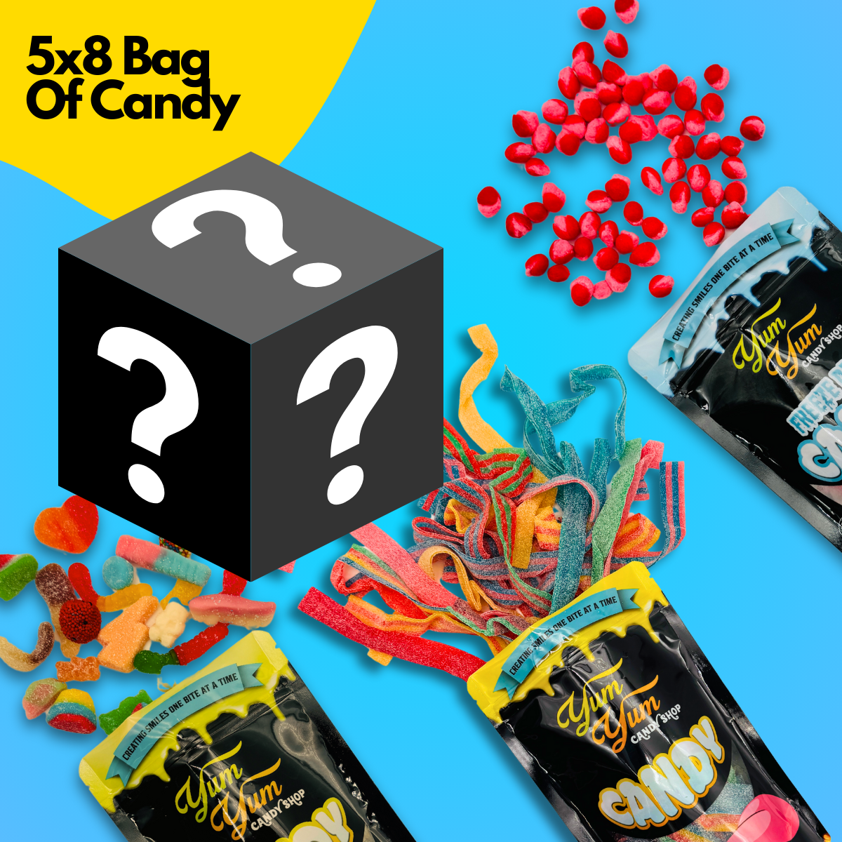 Yum Yum Candy Shop mystery bag options on a bright blue background