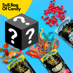 Yum Yum Candy Shop mystery bag options on a bright blue background