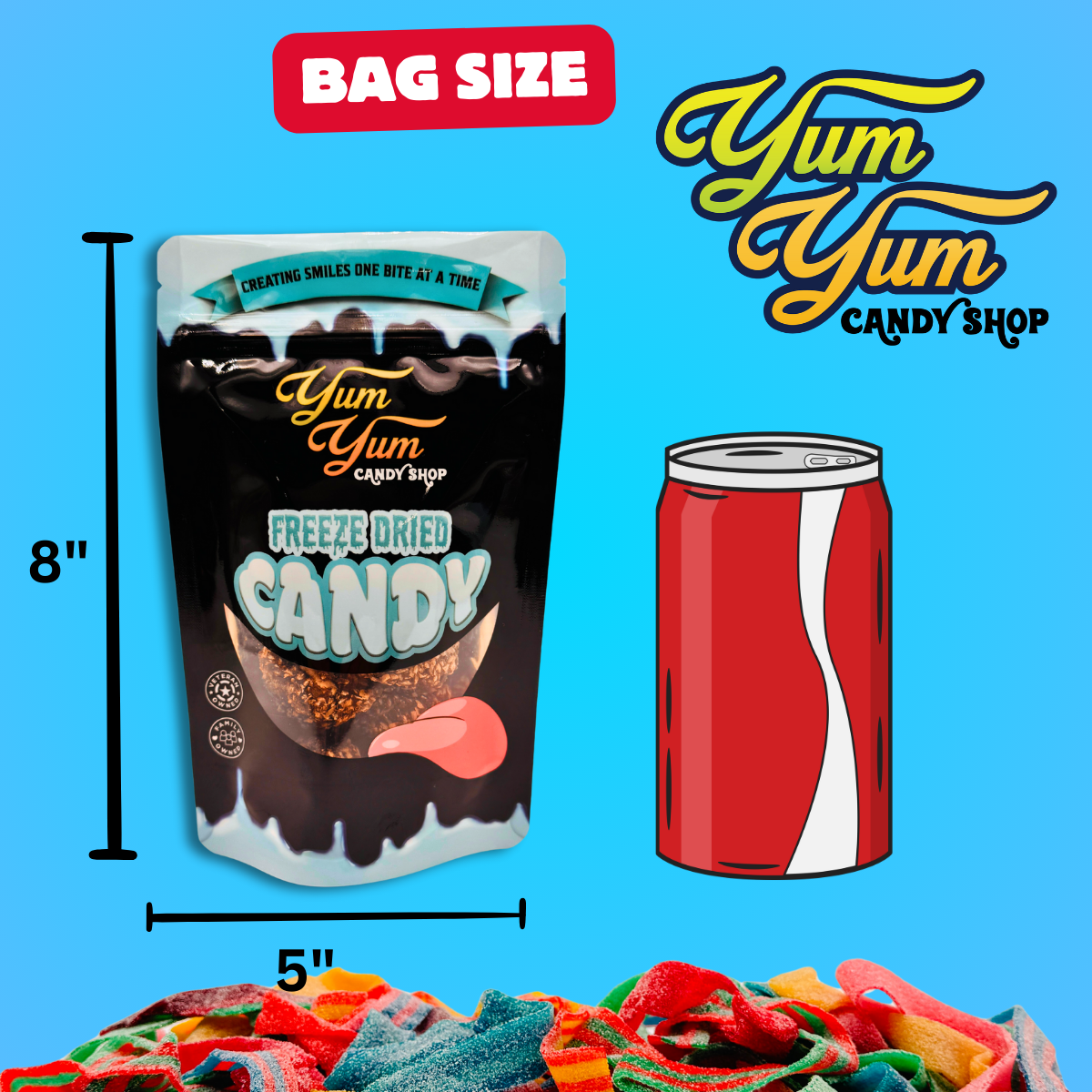 Yum Yum Candy Shop freeze-dried candy bag with dimensions and a can of soda for scale on a blue background.