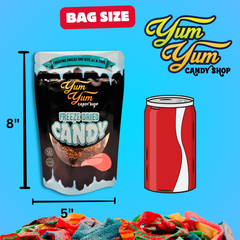 Yum Yum Candy Shop freeze-dried candy bag with dimensions and a can of soda for scale on a blue background.