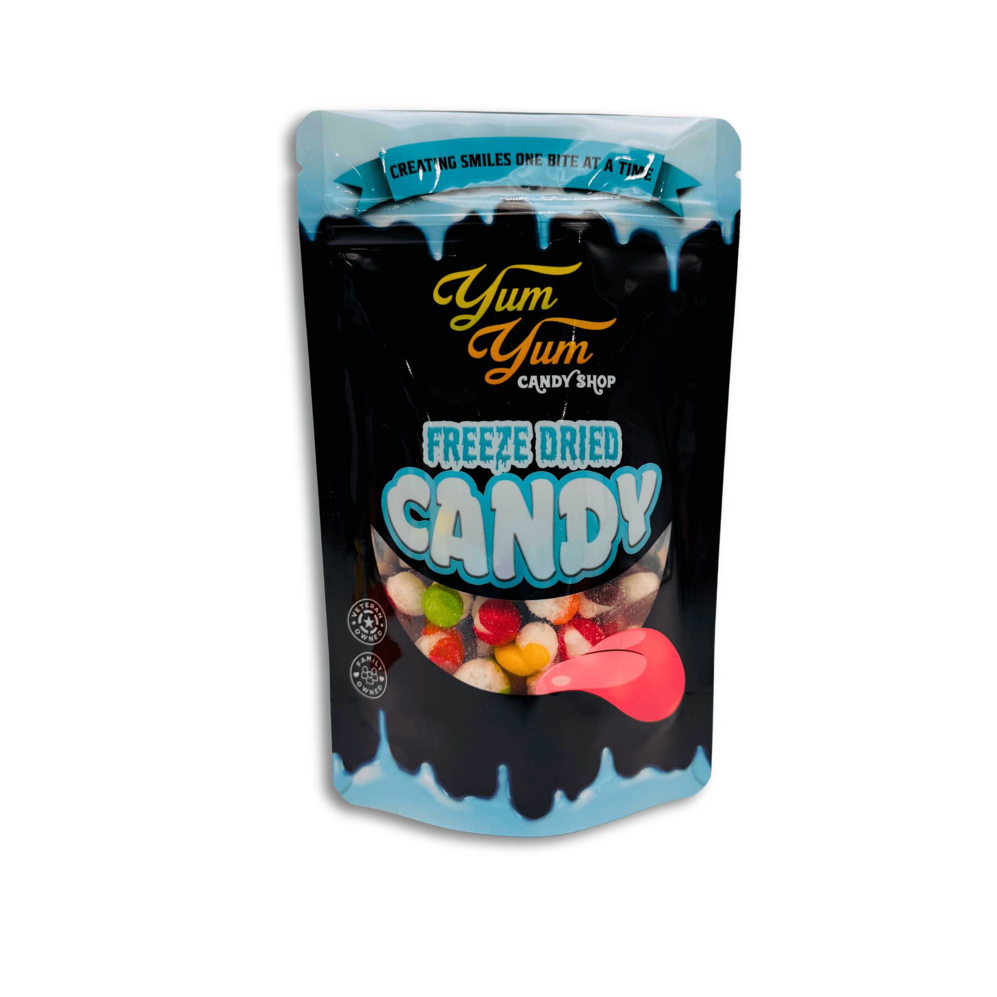 Yum Yum Candy Shop Rainbow Krunchies freeze dried candy in resealable pouch with colorful crunchy candy pieces