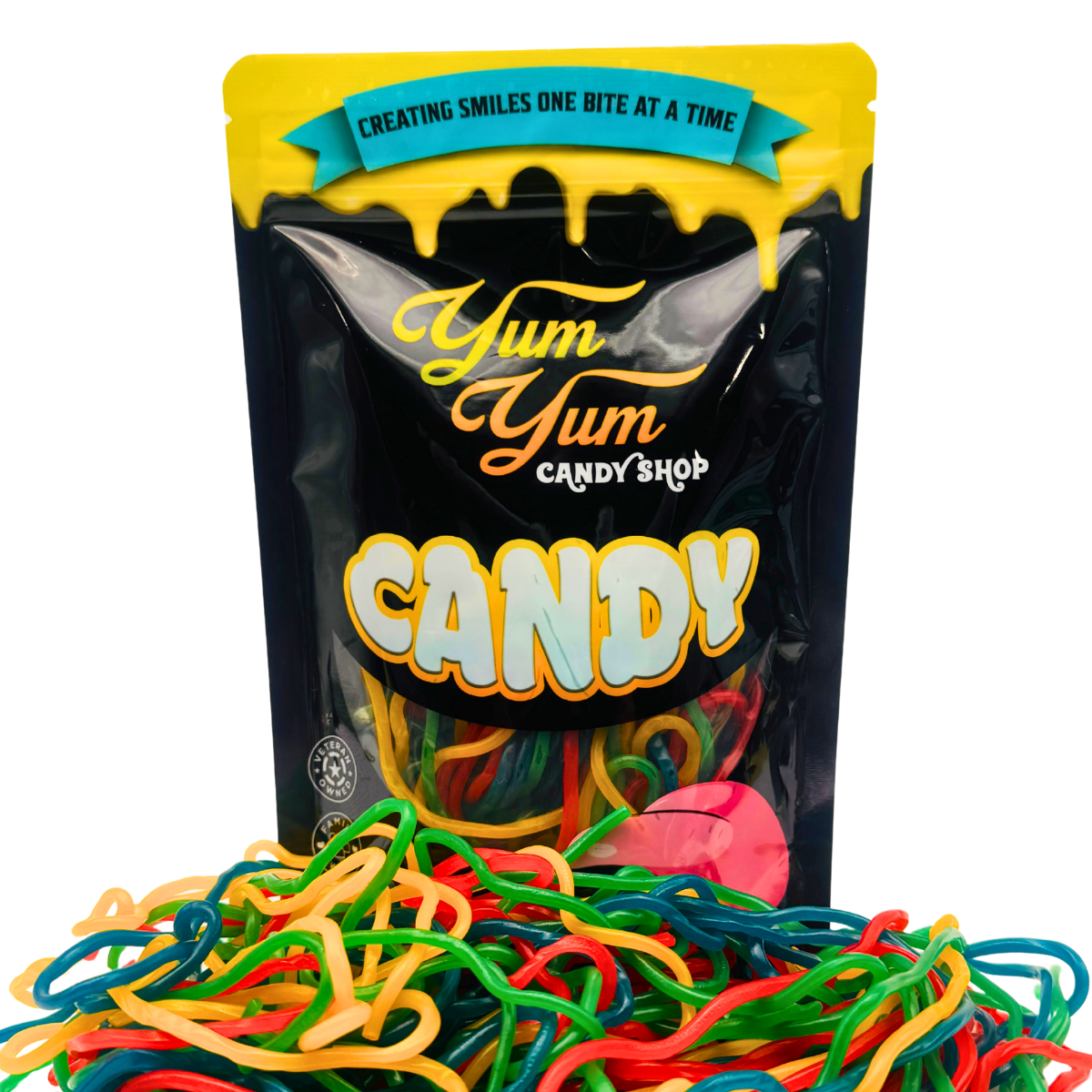 Yum Yum Candy Shop packaging with colorful shoe string licorice in front