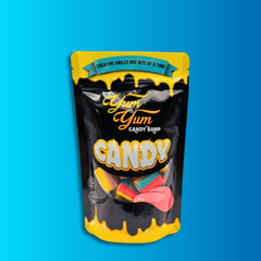 1 lb bag of Rainbow Tornado Sweet Cream Licorice on blue background
