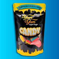 8 oz bag of Rainbow Tornado Sweet Cream Licorice on blue background