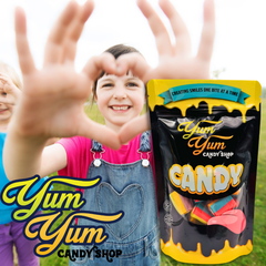 Girl smiling and holding Yum Yum Candy Shop Rainbow Tornado licorice bag with excitement