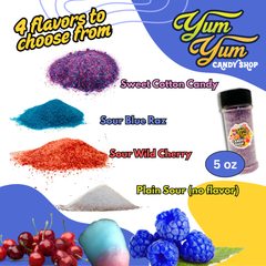 Yum Yum Candy Shop product with colorful powders and berries, featuring '4 flavors to choose from' text.