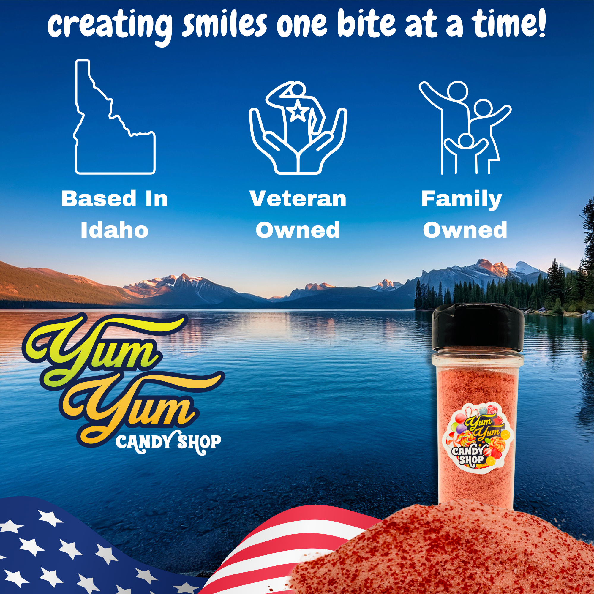Yum Yum Candy Shop product with scenic background and brand information