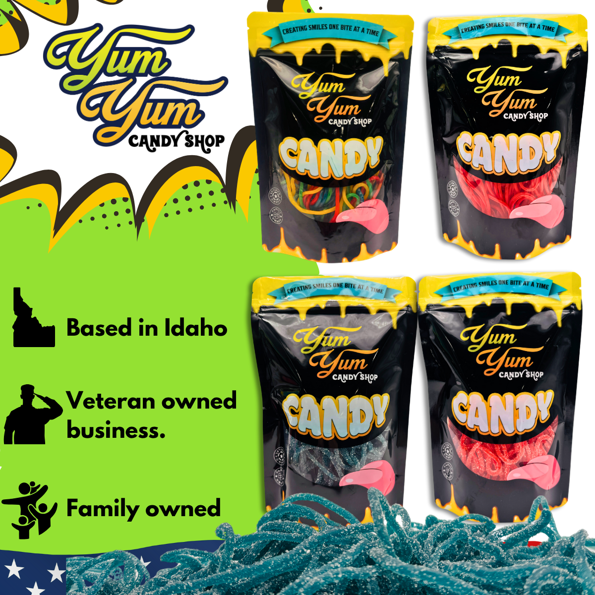 Yum Yum Candy Shop candy bags with text about their business details on a colorful background.