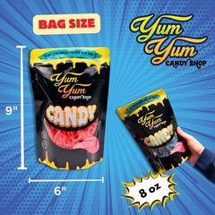 Bag size comparison chart showing 8 oz Yum Yum Candy Shop Shoe String Licorice Laces bag dimensions