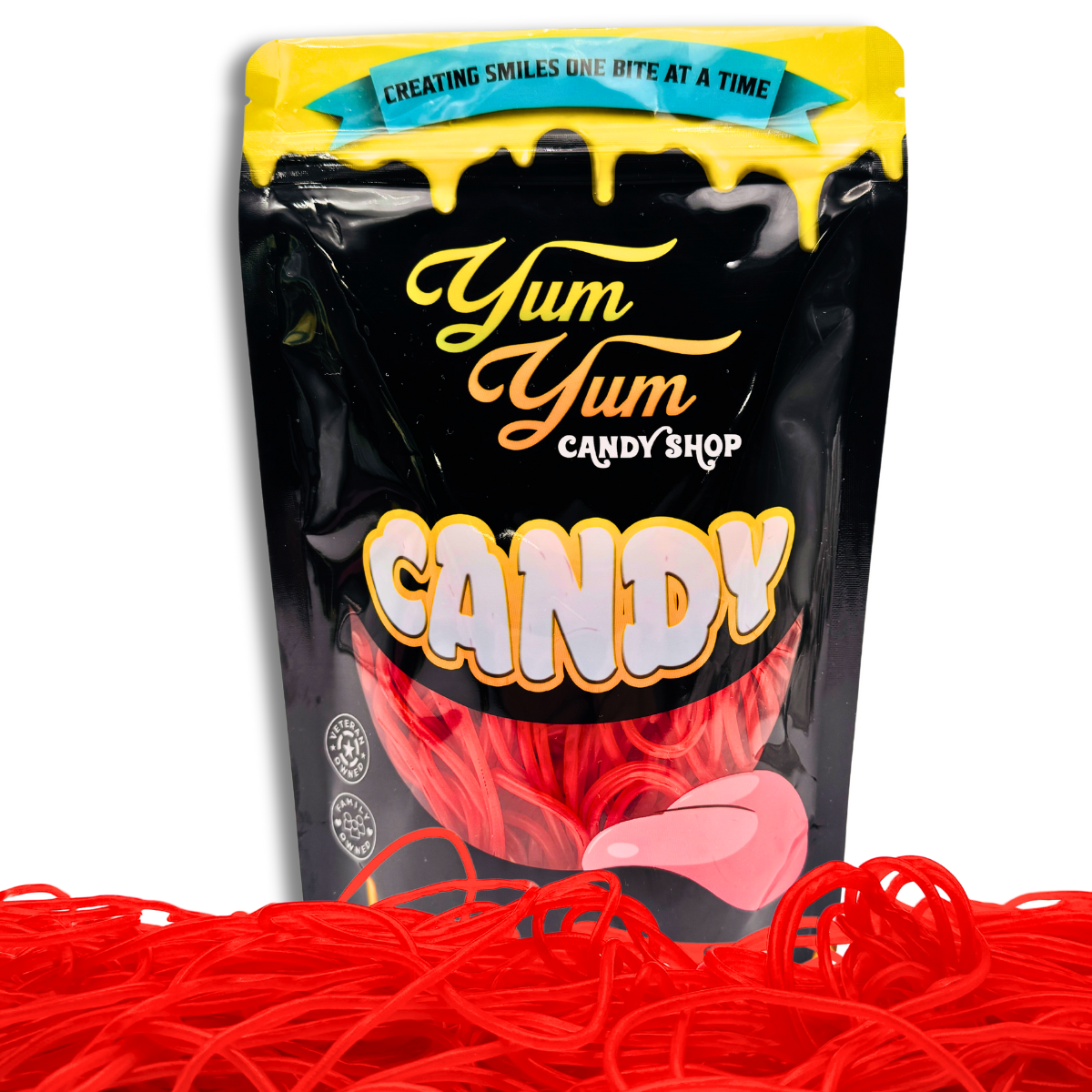A bag of Yum Yum Candy Shop Shoe String Licorice Laces with a graphic of red licorice laces on a white background.