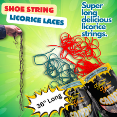Shoe String Licorice Laces highlighted as 36" long licorice strings with Yum Yum Candy branding