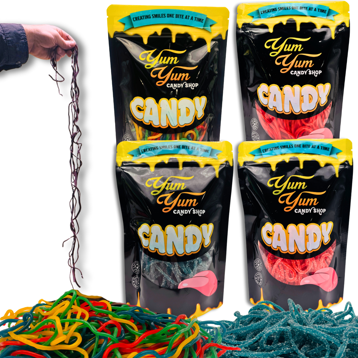 Yum Yum Candy Shop packages with colorful shoe string licorice on a white background