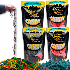 Yum Yum Candy Shop packages with colorful shoe string licorice on a white background