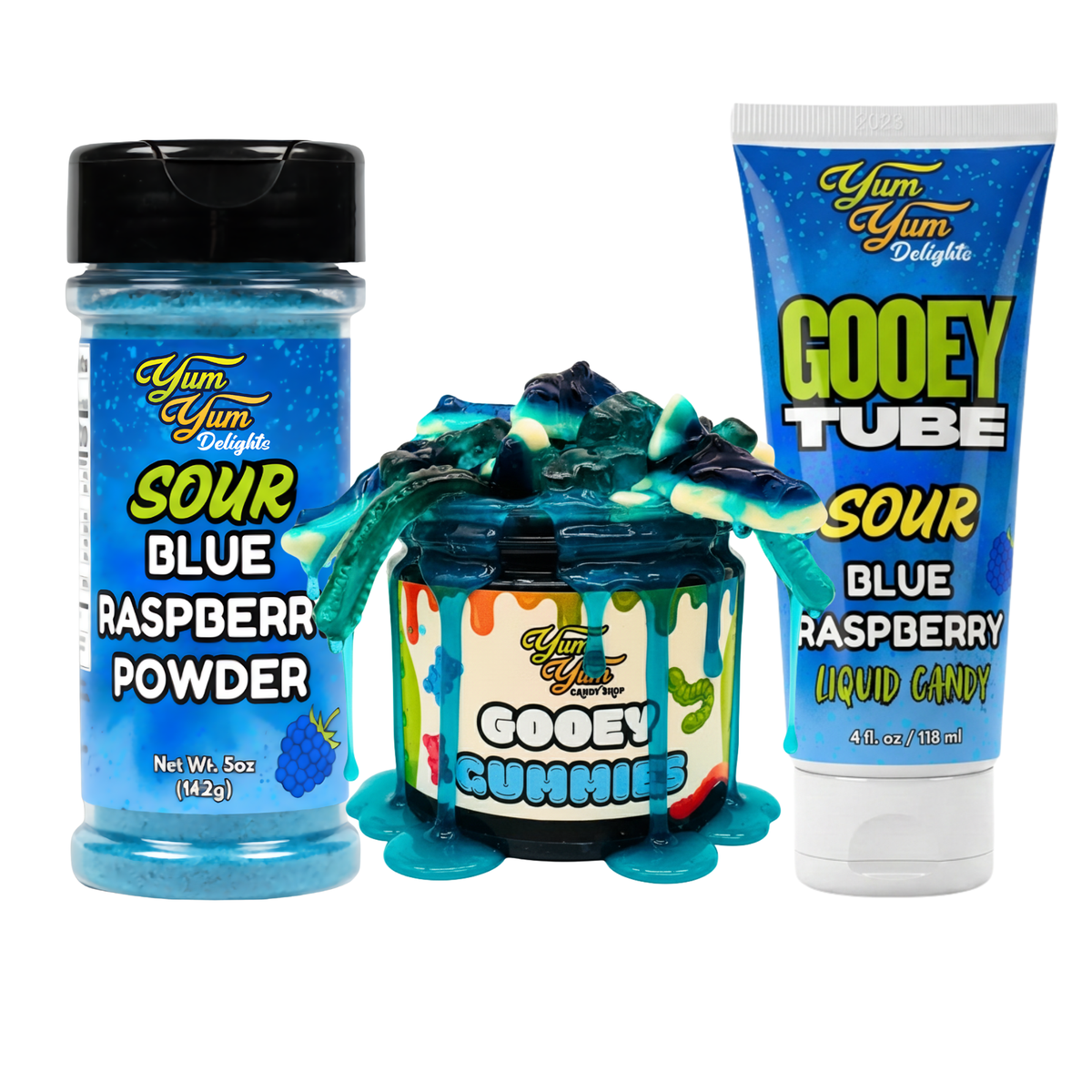 Yum Yum Delights blue raspberry products including powder, gummies, and liquid candy on a white background.