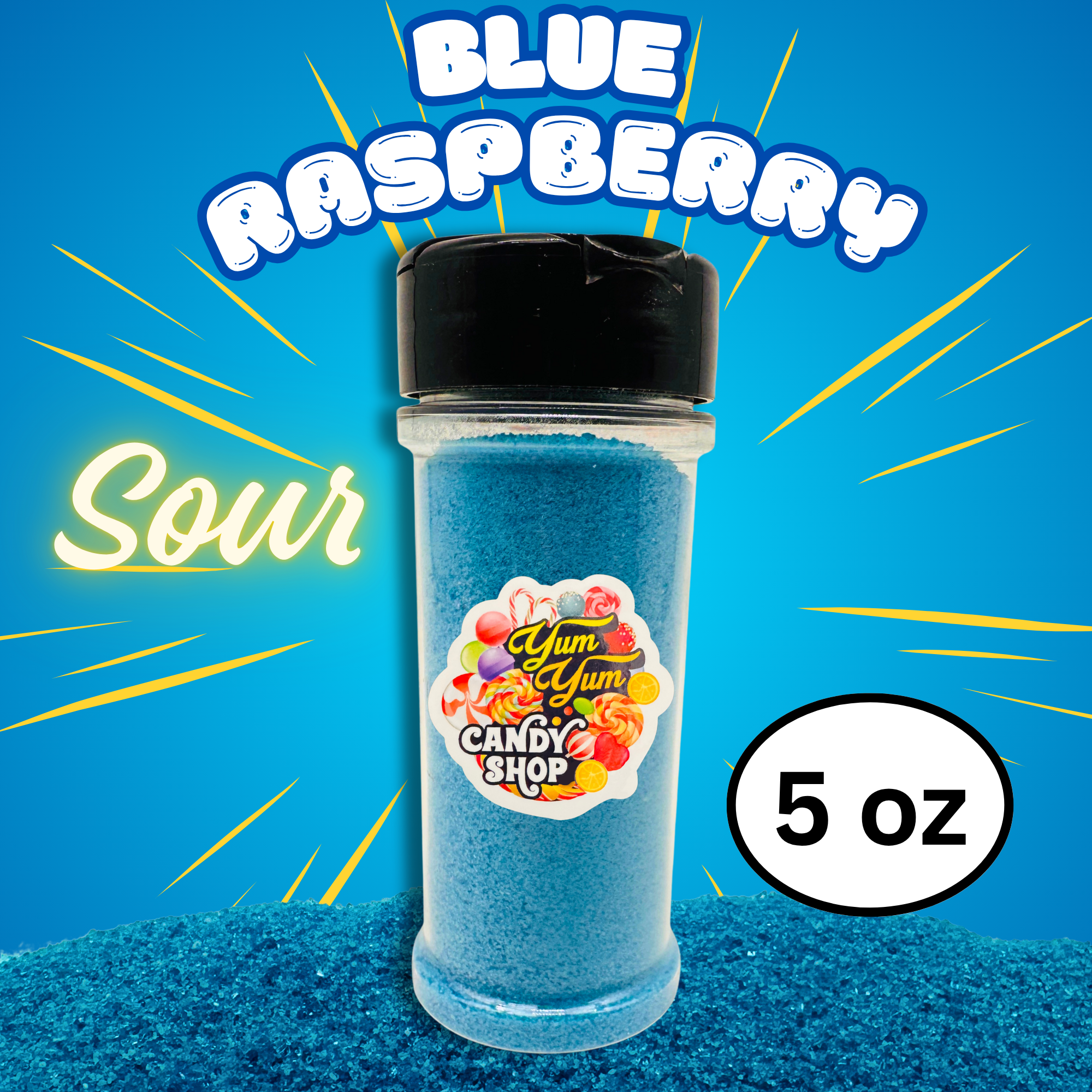 Blue raspberry candy powder in a shaker bottle with 'Yum Yum Candy Shop' label on a blue background