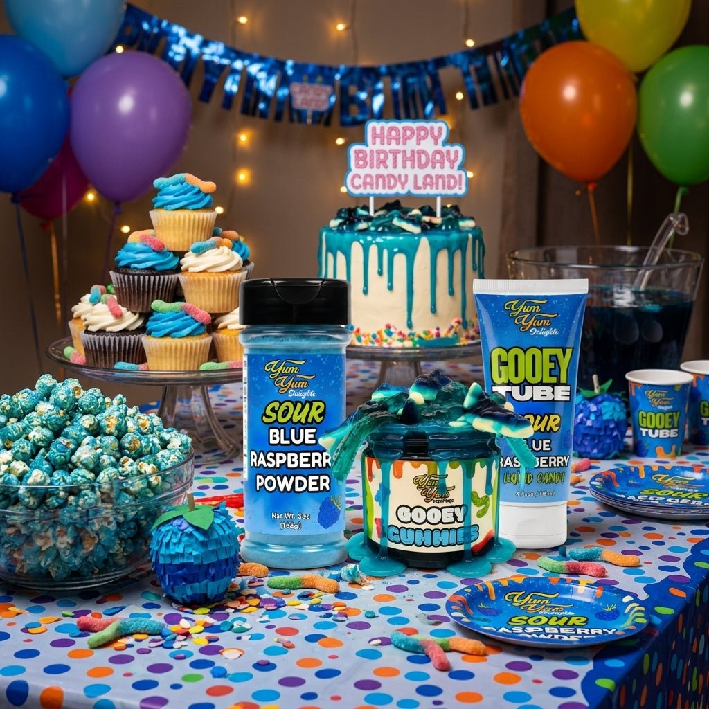 Birthday party setup with sour blue raspberry candy-themed decorations and treats on a table.