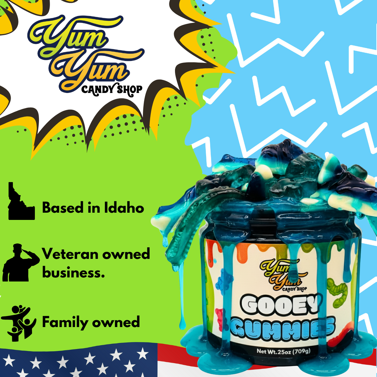 Jar of gooey gummies with 'Yum Yum Candy Shop' branding on a colorful background.