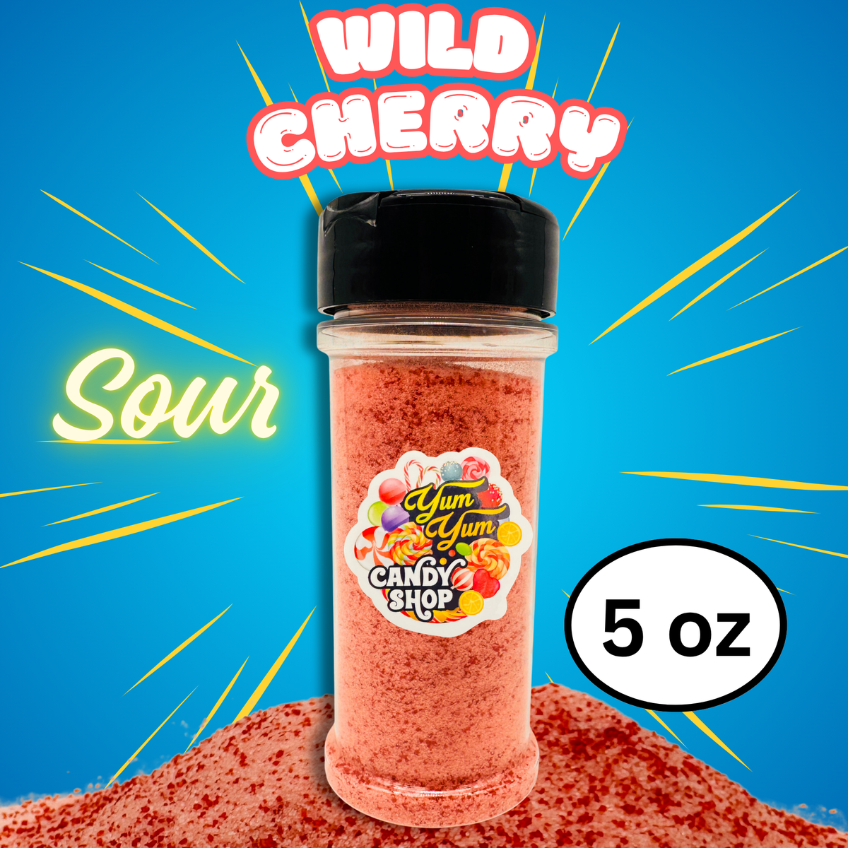 Shaker Bottle of Wild Cherry Sour candy powder with Yum Yum Candy Shop label on a blue background
