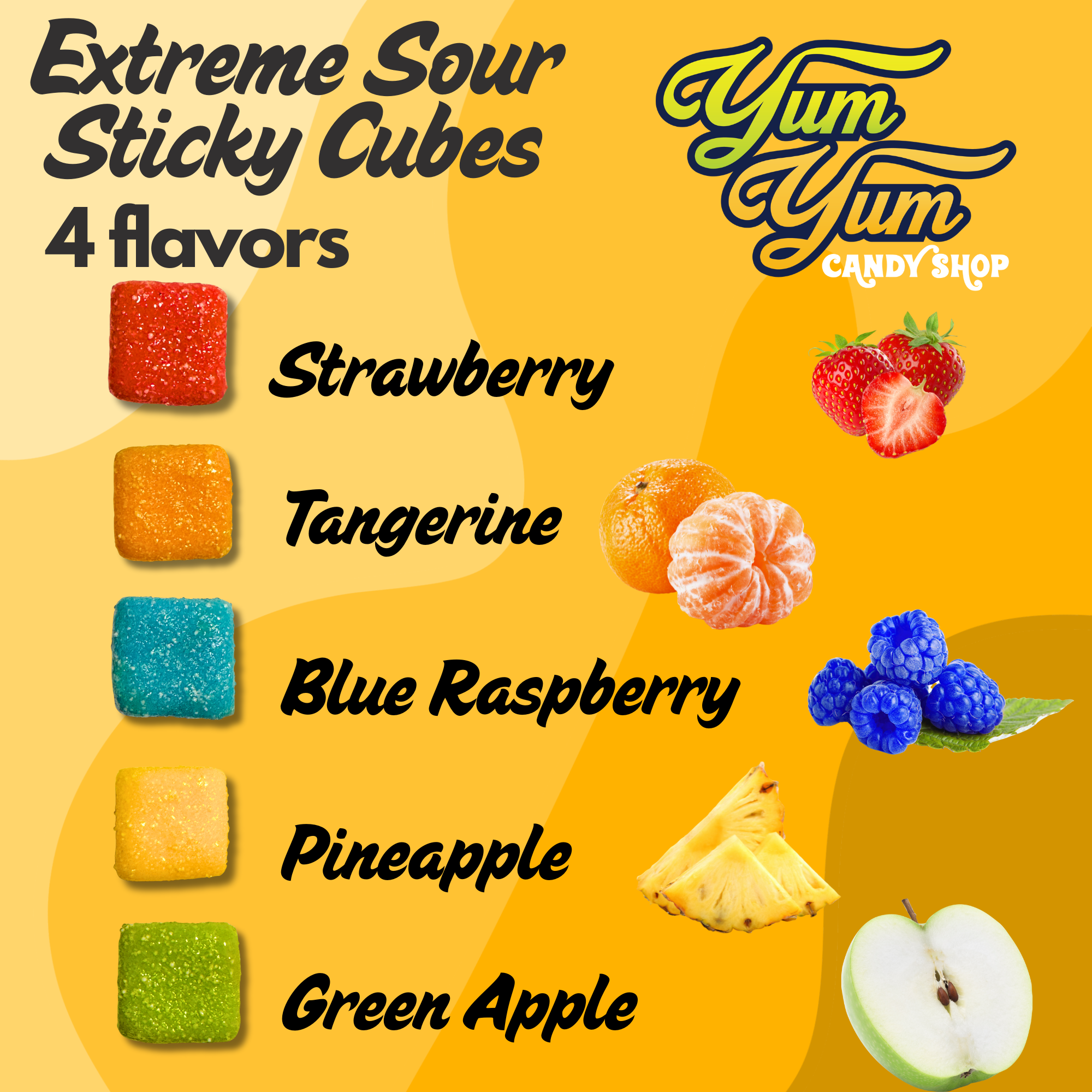Sour Cubes flavor chart showing strawberry, tangerine, blue raspberry, pineapple, and green apple.