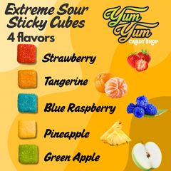 Sour Cubes flavor chart showing strawberry, tangerine, blue raspberry, pineapple, and green apple.