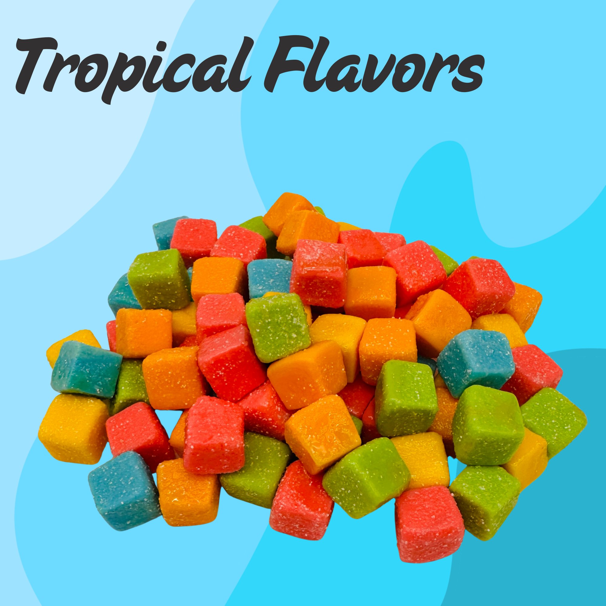 Pile of colorful Sour Cubes with tropical fruity flavors.