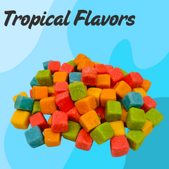 Pile of colorful Sour Cubes with tropical fruity flavors.