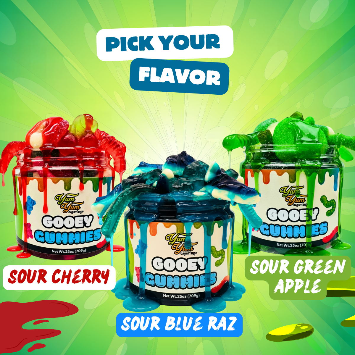 Three containers of Gooey Gummies with flavors Sour Cherry, Sour Blue Raz, and Sour Green Apple on a green background.