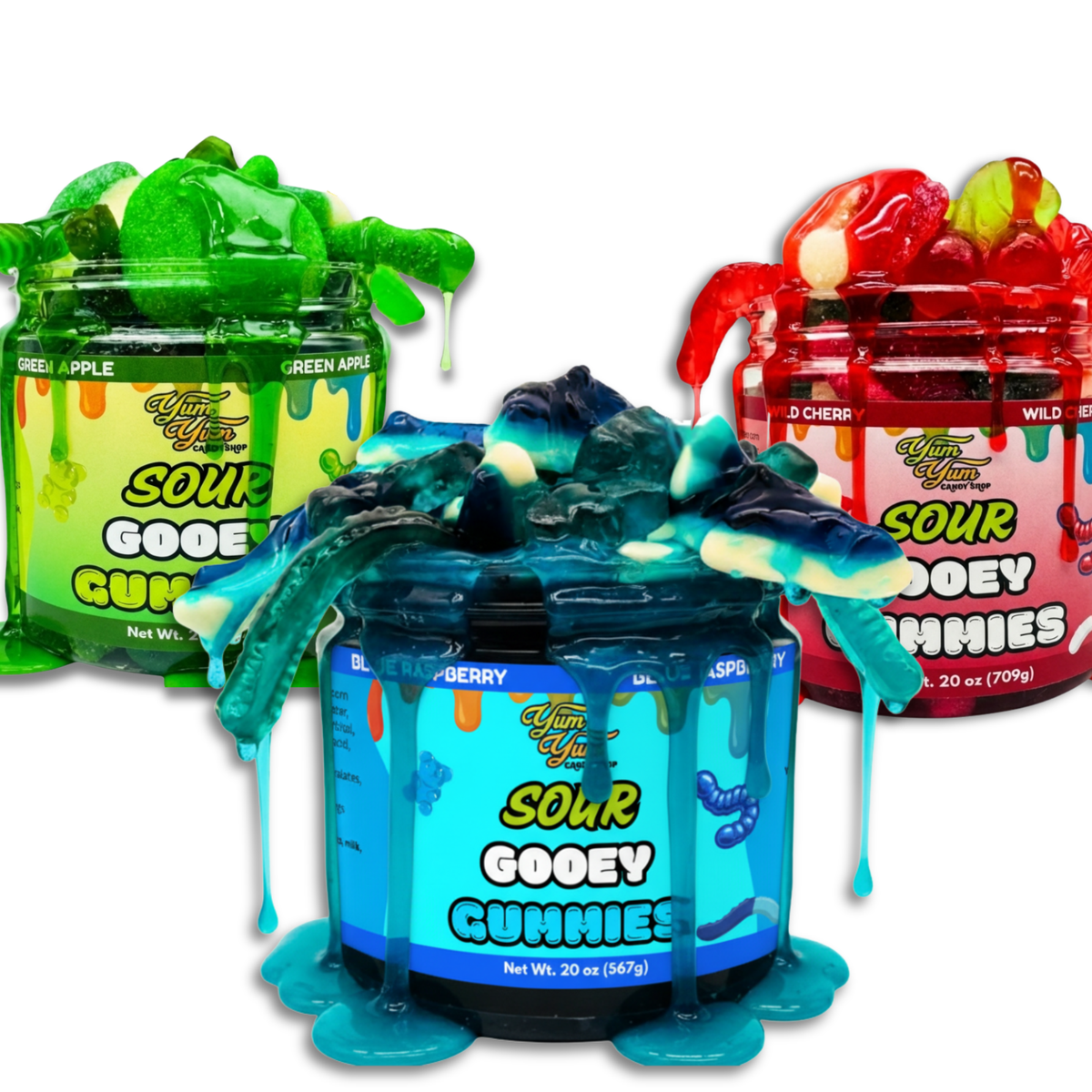 Yum Yum gooey gummies on a white background