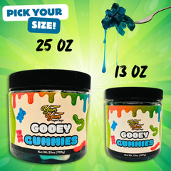 Two jars of 'Yum Yum Gooey Gummies' with labels showing different sizes on a green background.