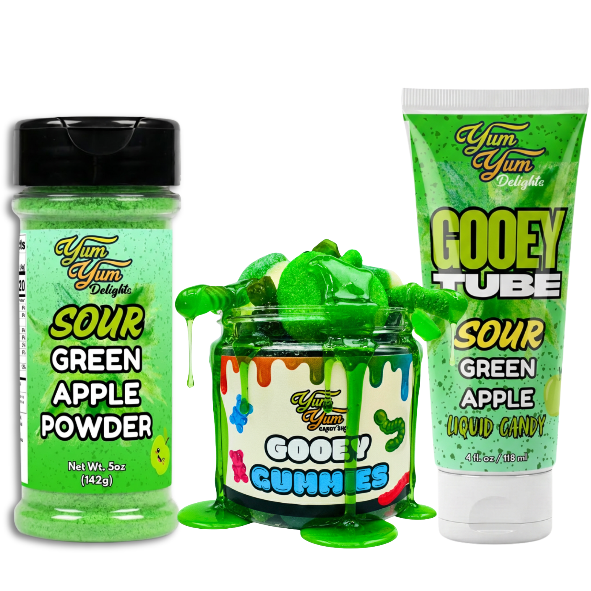 Green apple-themed products including powder, gummies, and liquid candy on a white background