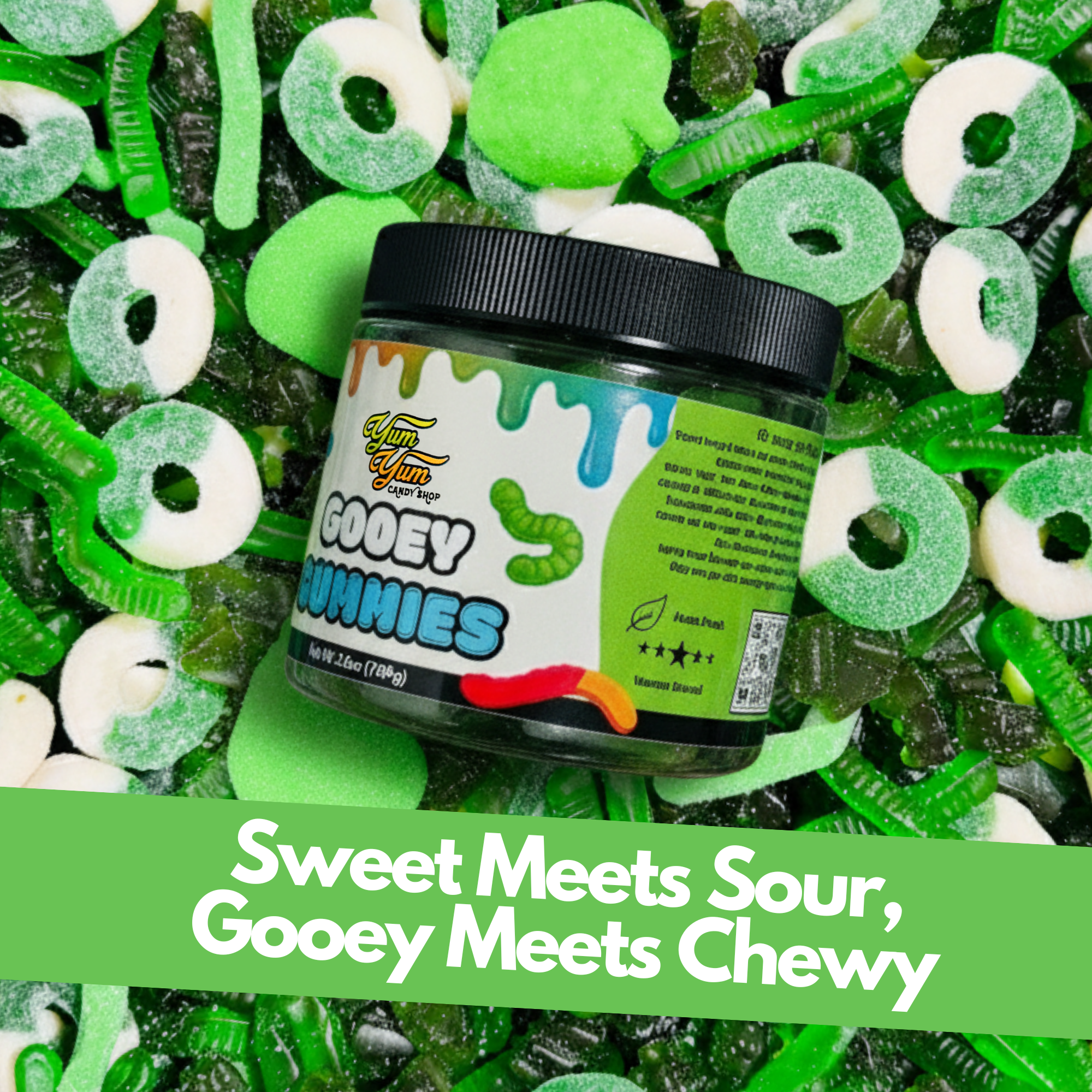 Jar of sour green apple gooey gummies surrounded by green and white gummy candies on a candy background