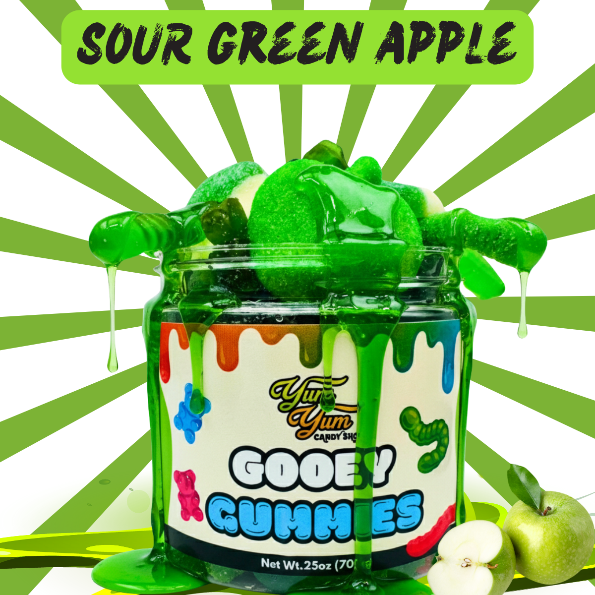 Jar of sour green apple gummies with a colorful label on a green background