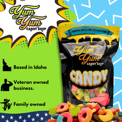 Yum Yum Candy Shop Sour Only gummy candy with Based in Idaho, Veteran owned, and Family owned values listed