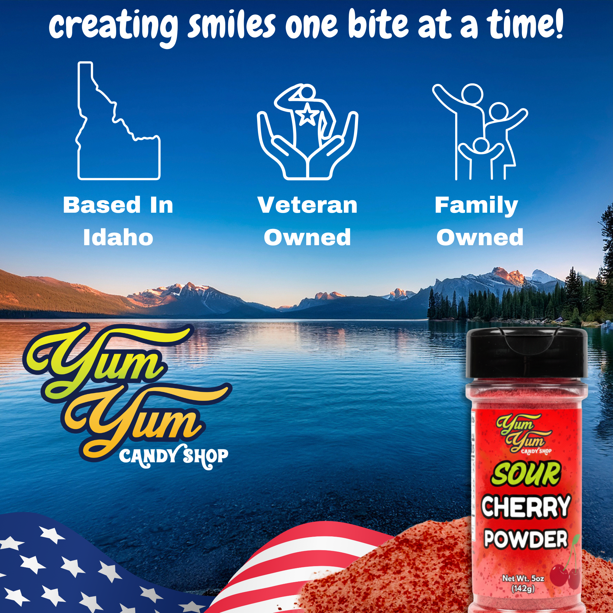 Yum Yum Candy Shop product with scenic background and brand information