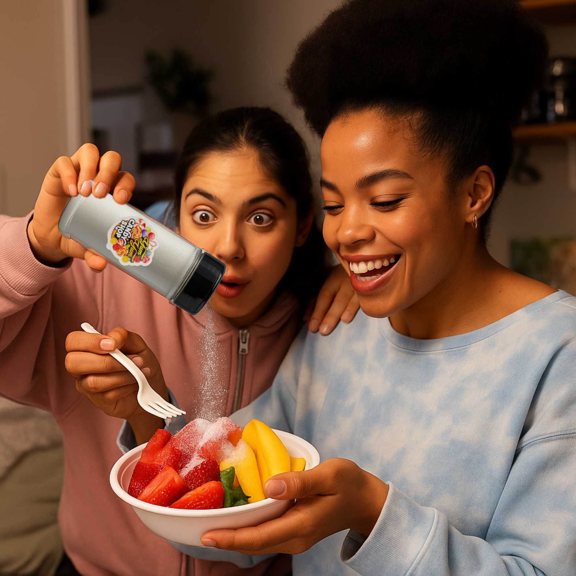 Two people adding sour powder to a bowl of fruit in a kitchen setting