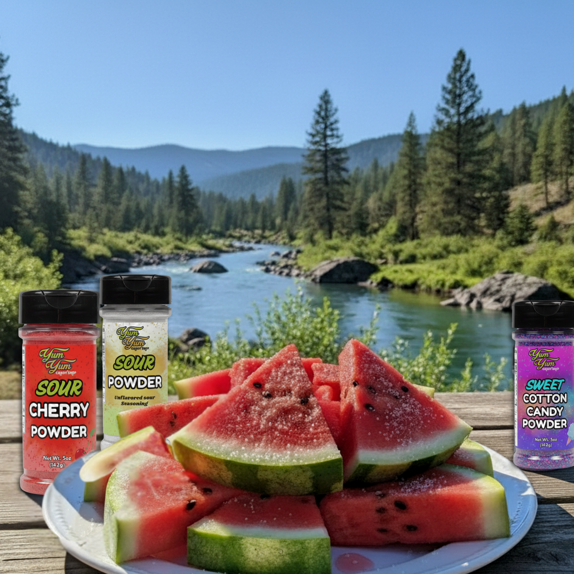 Sliced watermelon with sweet and sour powder packets on a plate against a scenic background.
