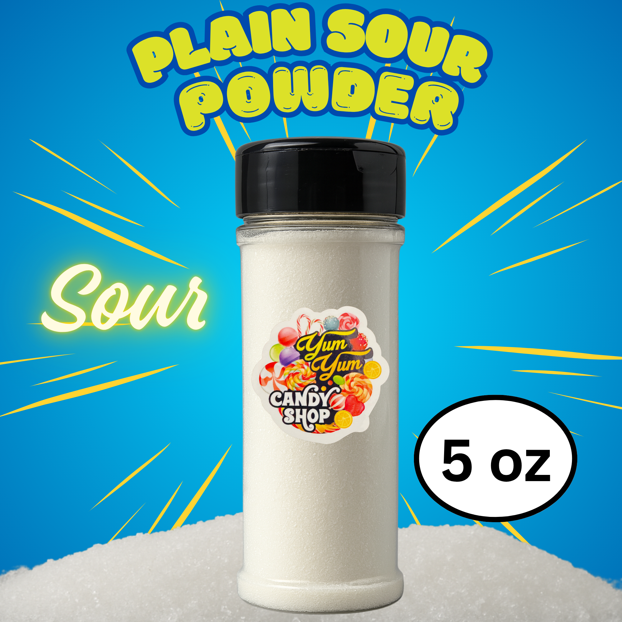 Container of Yum Yum Candy Shop plain sour powder with a colorful label on a blue background