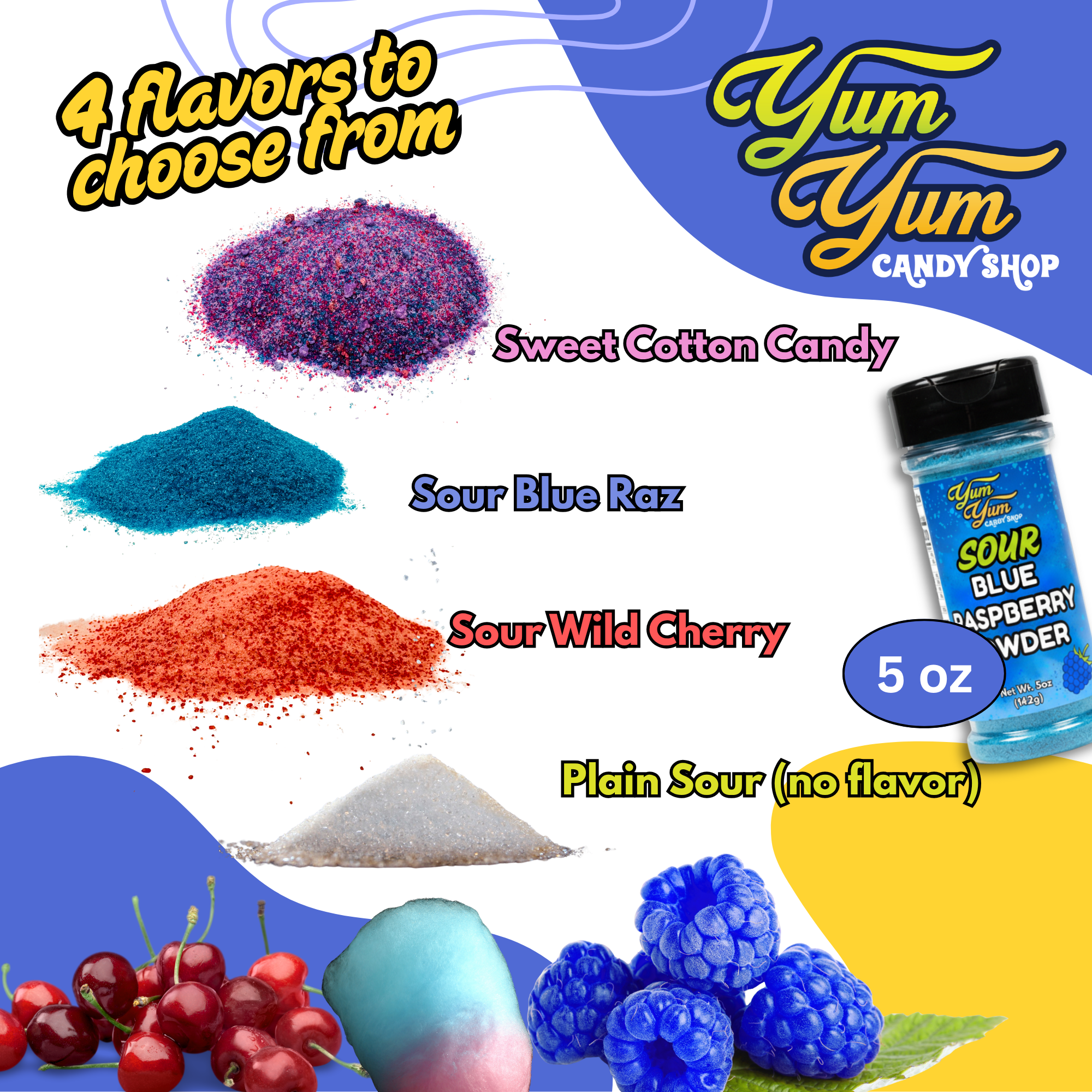 Yum Yum Candy Shop product with colorful candy powders and a jar of Sour Blue Raspberry Powder.