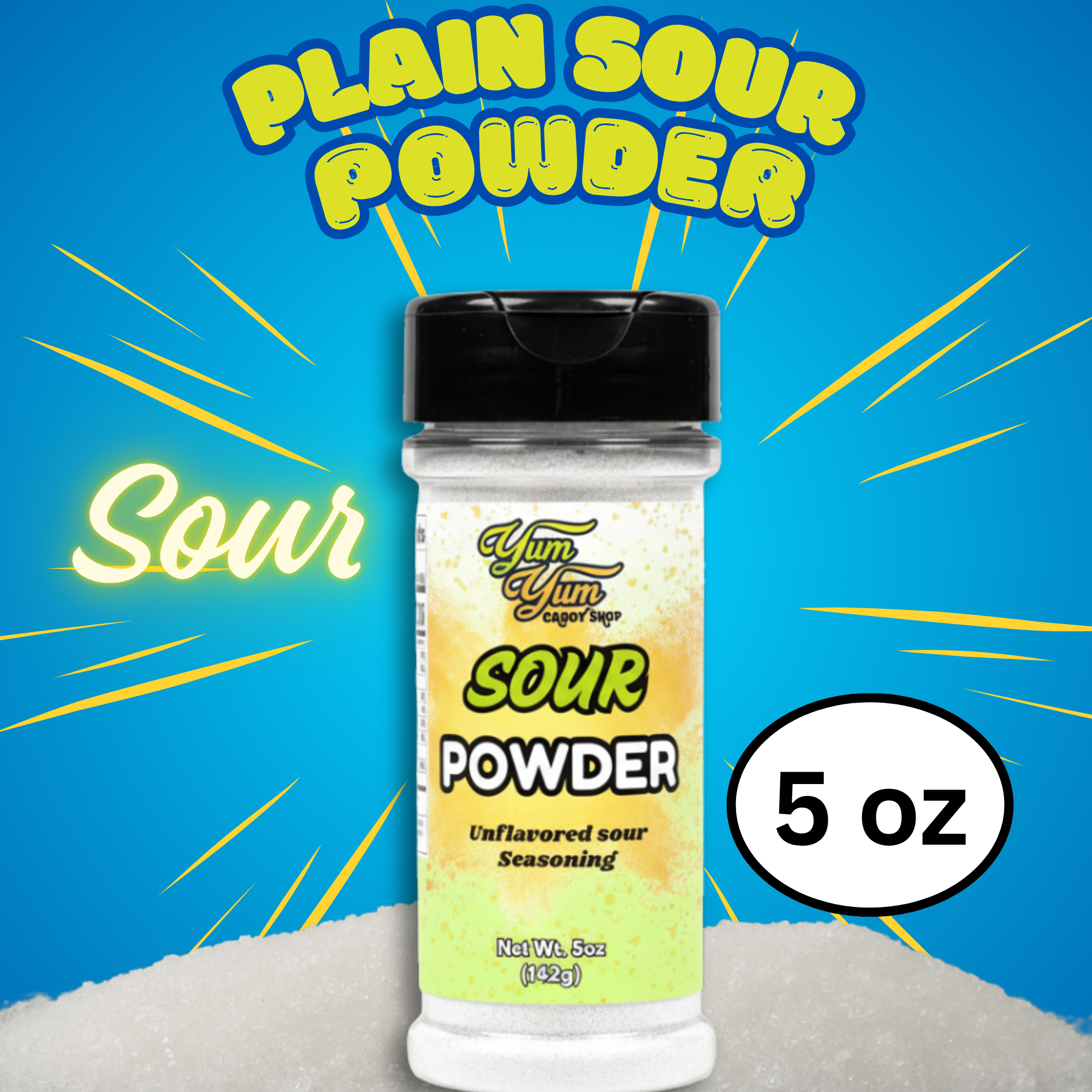 Bottle of sour powder with colorful text and design on a blue background