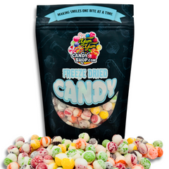 A black resealable bag with a clear window showing colorful freeze-dried candy pieces. The bag is labeled 'Freeze Dried Candy' and has the logo of Yum Yum Candy Shop.