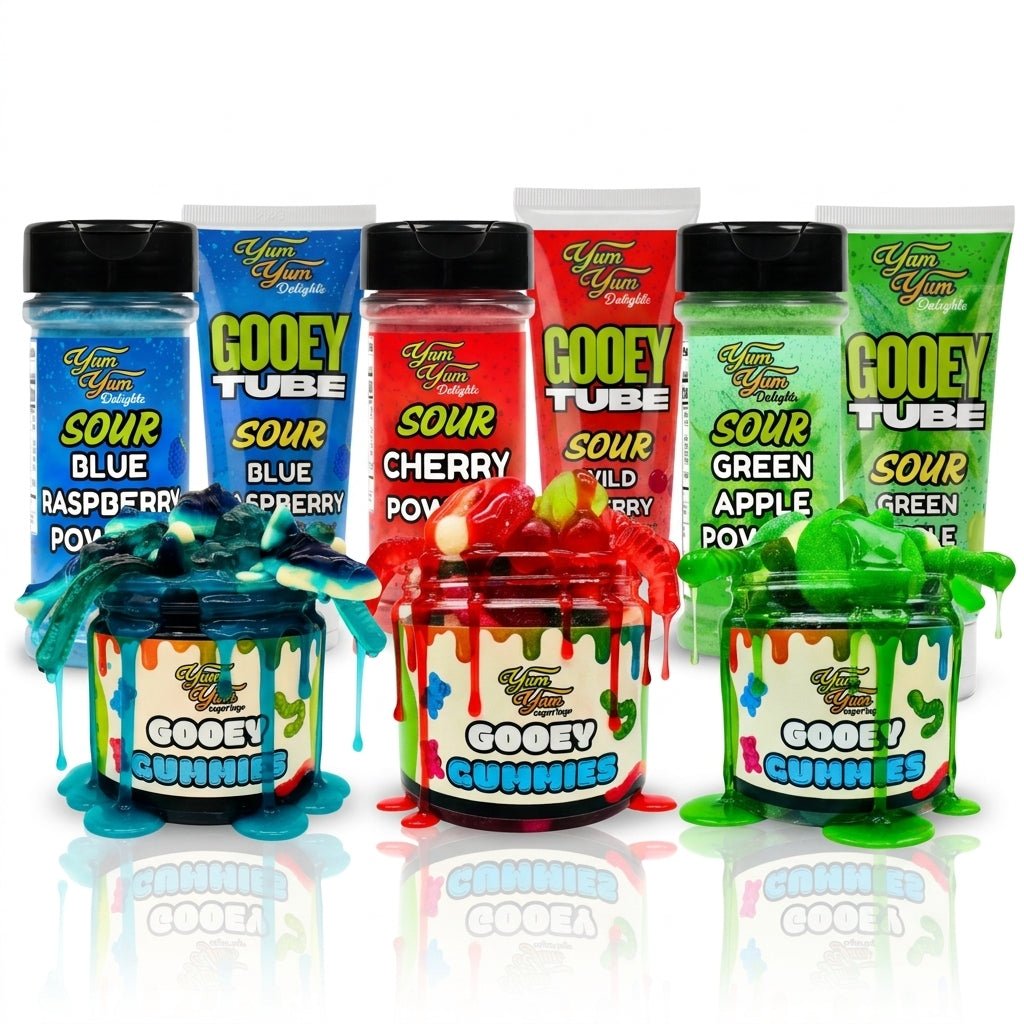 Assorted colorful candy products with labels on a white background
