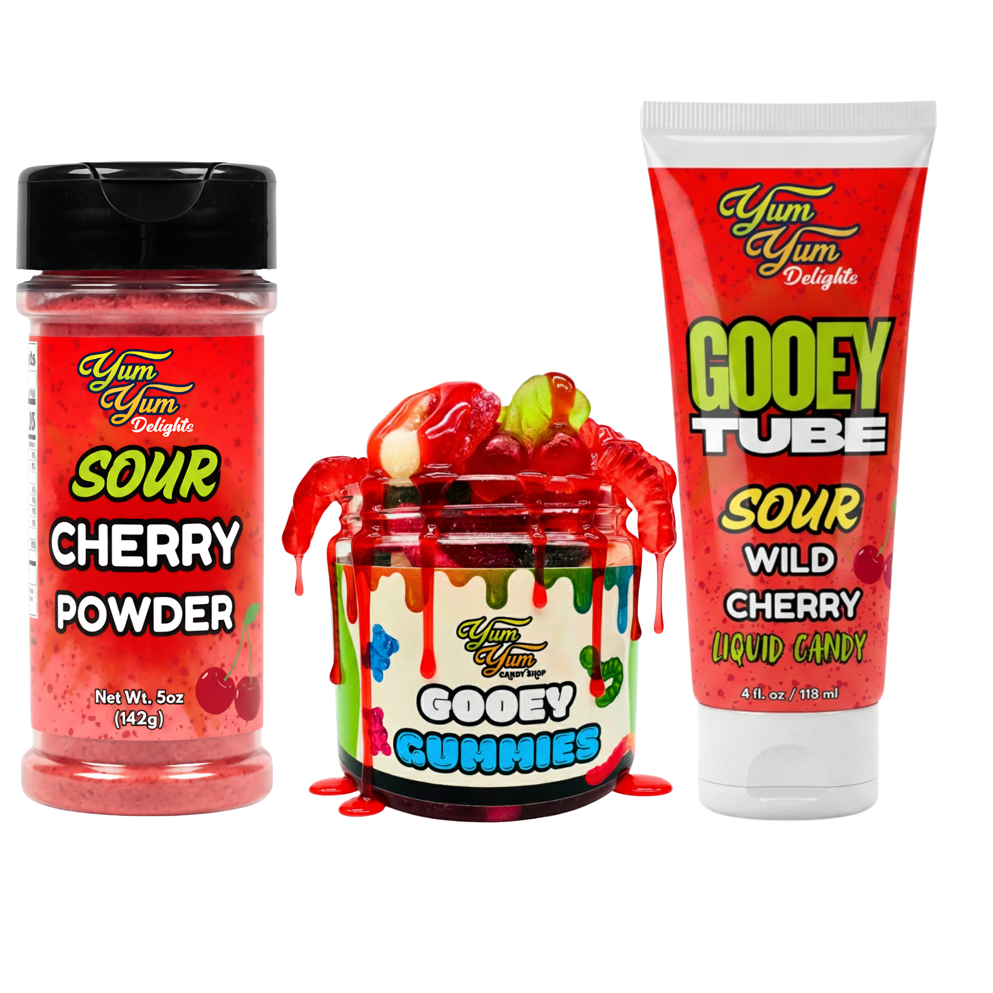 Yum Yum Candy Shop bundle in sour wild cherry on a white background
