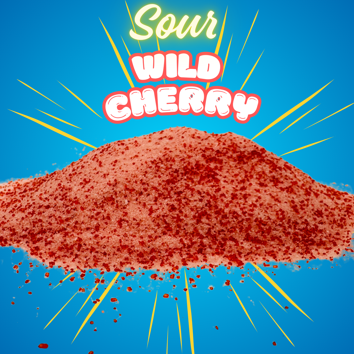 Red candy powder labeled 'Sour Wild Cherry' on a blue background with yellow accents.