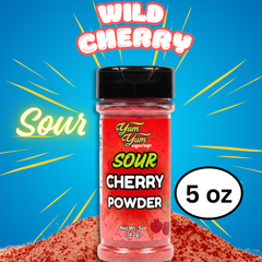 Bottle of Yum Yum Sour Cherry Powder with a blue background and text
